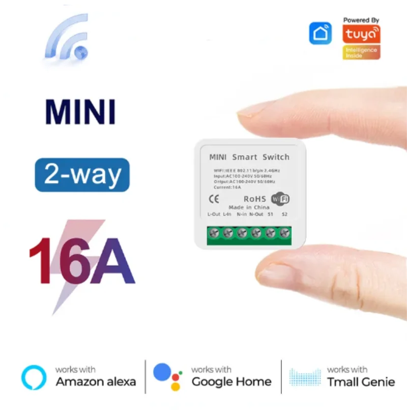 Smart Home Simple - Tuya mini 16a wifiスイッチスマートライフアプリ2ウェイコントロールスマートホームオートメーションモジュール割り込み作業用alexa google home