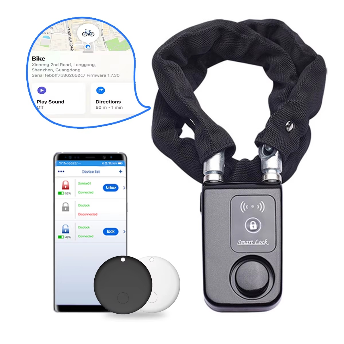 Smart Home Hub Matter - 110dBアラーム付きバイクチェーンロック、AirTagスロット搭載、IP55防水、盗難防止スチール製セキュリティロック（自転車、バイク、スクーター用）