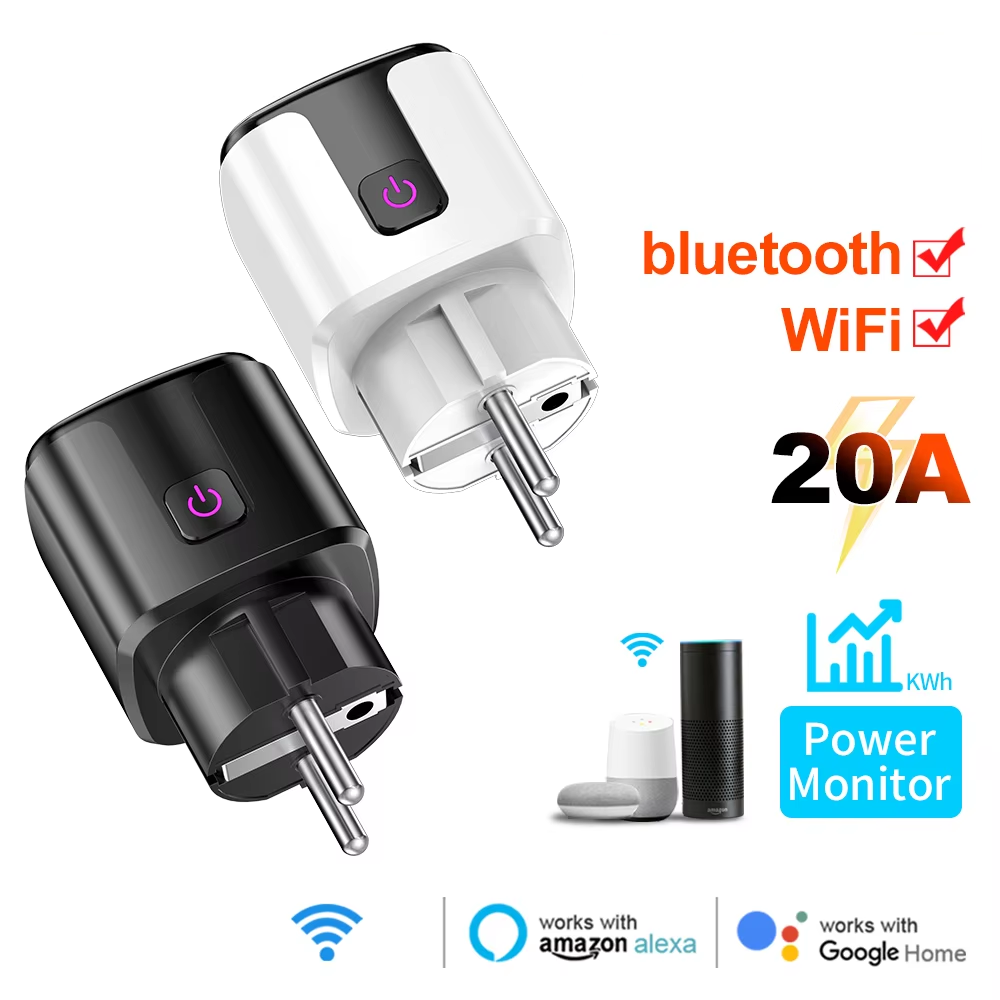 Smart Home Project - スマート 20A EU プラグ WiFi+Bluetooth ソケット、電力監視タイマー付きコンセント、音声制御、Tuya