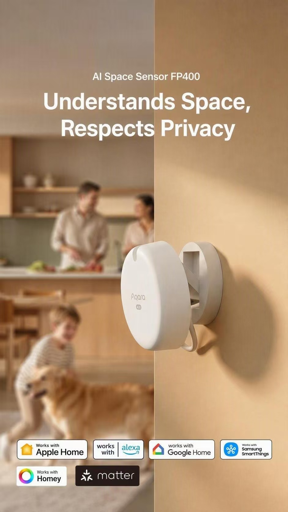 Smart Home Hub Matter - Aqara FP400 AIミリ波レーダー人感センサー、リアルタイム多人数追跡人間動作検知器、Matter Thread Zigbee